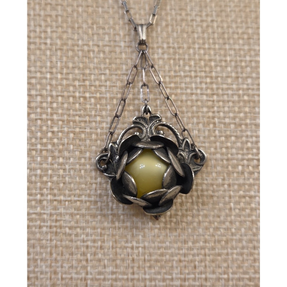 Stunning Art Nouveau Sterling‎ Silver & Amber Budding Flower Necklace 18" - Picture 2 of 7